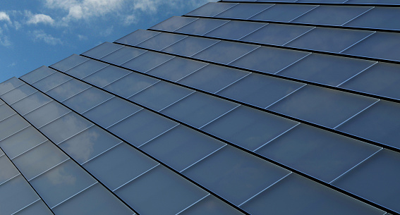 Close up of solar roof shingle tile material
