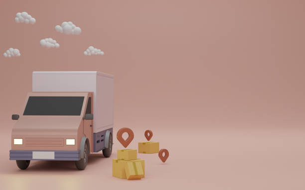 istock delivery service concept, Delivery to home. Delivery van, brown box package and pin. 3D rendering. 1288035959