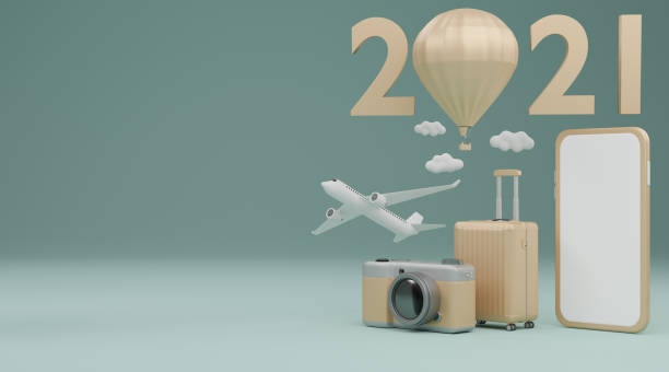 istock Happy New Year 2021: White screen mobile mockup with airplane, luggage and camera over pastel green background travel concept. 3d rendering 1288036027