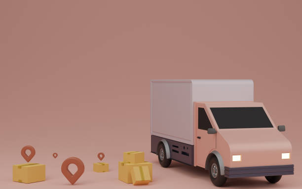 istock delivery service concept, Delivery to home. Delivery van, brown box package and pin. 3D rendering. 1288036033