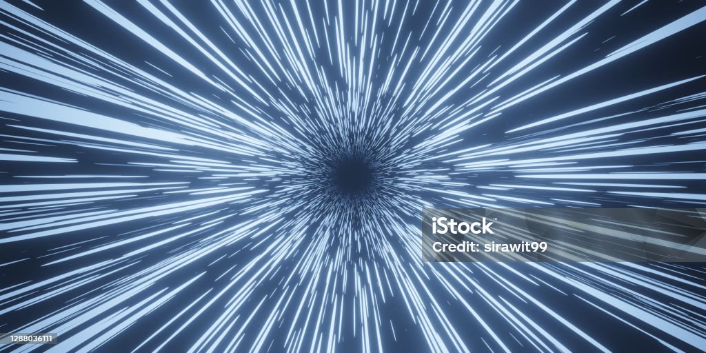 Abstract blue flight in space hyper jump 3d rendering. Hyperspace Stock Photo