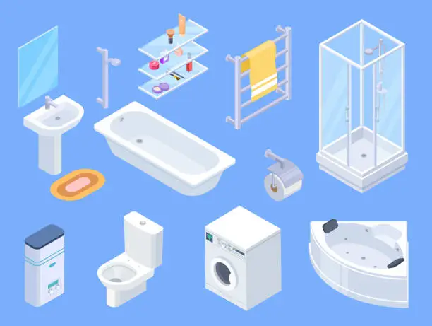 Vector illustration of Bathroom isometric. Bathrooms interior isometrics elements, toilet water closet and towel dryer, washbasin and shower