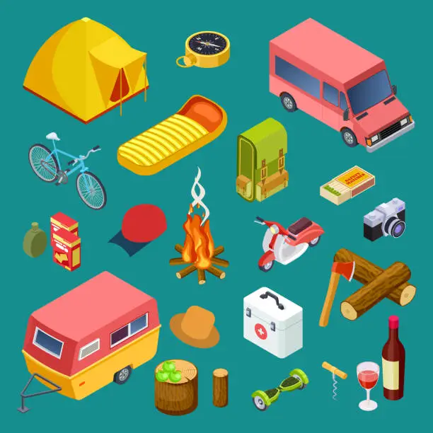 Vector illustration of Tourist equipment, camping cars, snack and rest accessorises isometric vector collection
