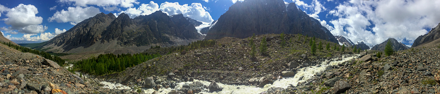 Panoramic view on Altai mountains in summer with cloudy sky and mountain river.