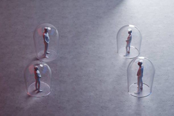 istock Group of miniature people with distance between them, arrows drawn on floor between figurines 3d render 1288037297
