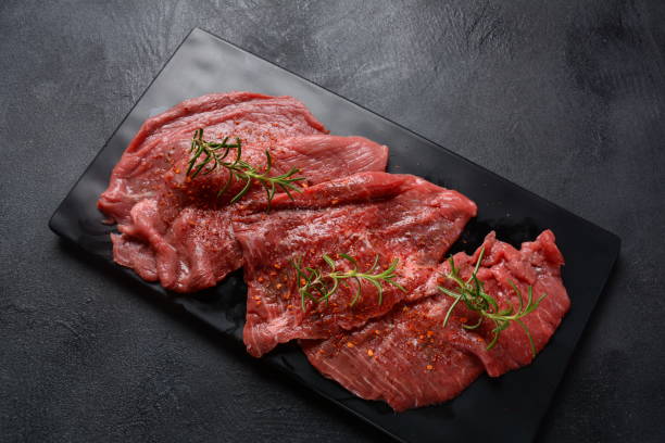 istock Raw beef steaks with spices and rosemary. 1288037370