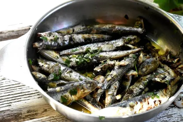 Freshly prepared sardine fish whit herbs/ Closeup still life healthy Mediterranean sea food