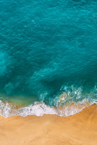 Beautiful sandy beach with turquoise water, vertical photo. Wild beach with beautiful clear sea. Yellow sand with turquoise sea. Clean beach with clean sea. Ocean from a bird's eye view. Copy space stock photo