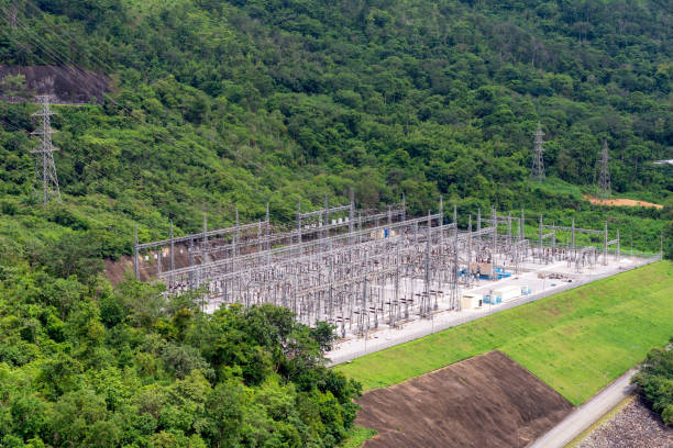 istock Electrical power station with electric Power Transition Line system in mountain area 1288041461