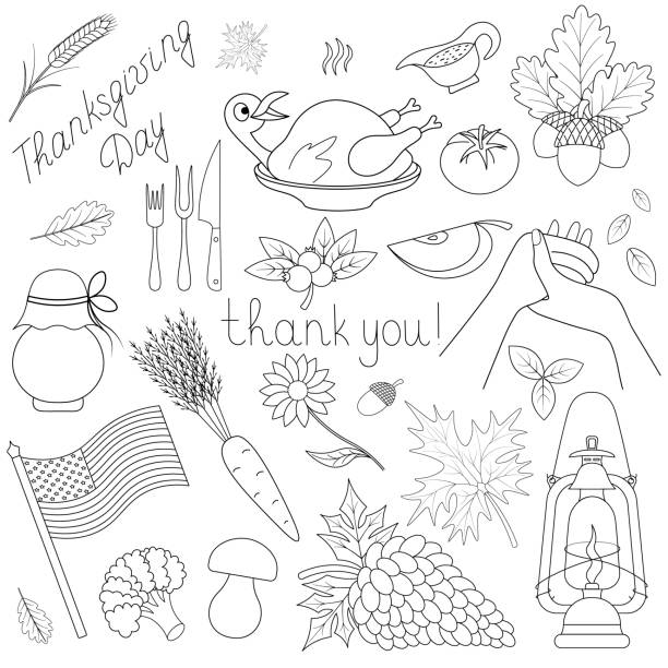 Thanksgiving Day. Sketch. Set of vector illustrations. Outline on an isolated white background. Coloring book for children. Lettering. Collection of festive elements. Doodle style. Leaves, turkey, harvest, vegetables, USA flag, lantern, hands in prayer. Thanksgiving Day. Sketch. Set of vector illustrations. Outline on an isolated white background. Coloring book for children. Lettering. Collection of festive elements. Doodle style. Leaves, turkey, harvest, vegetables, USA flag, lantern, hands in prayer. Idea for web design. sunflower vine stock illustrations
