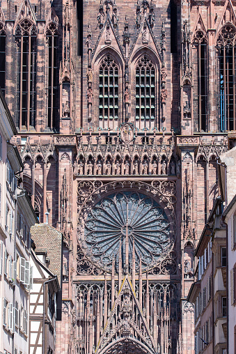 Facade of Cathedral Notre Dame of Strasbourg, details of Strasbourg cathedral or Bas Rhin in France, Alsace