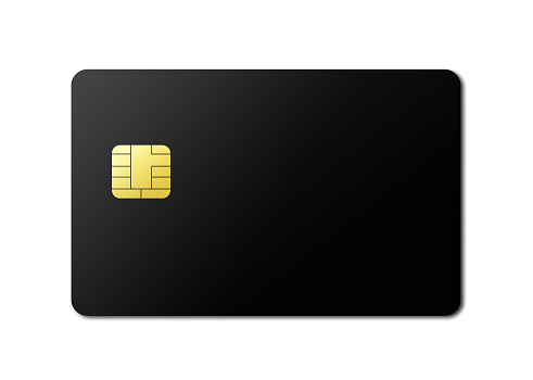 Black credit card template isolated on a white background. 3D illustration