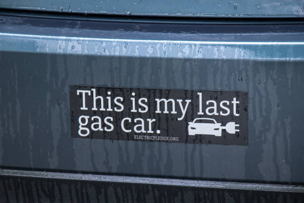 View of bumper sticker "This is my last gas car" by electricpledge stock photo