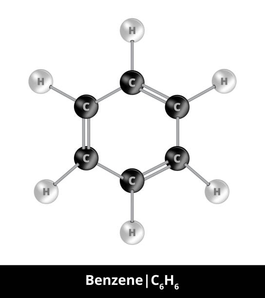 illustrazioni stock, clip art, cartoni animati e icone di tendenza di modello vettoriale a sfera e bastone di sostanza chimica. icona della molecola di benzene c6h6 costituita da carbonio e idrogeno. formula strutturale adatta all'educazione isolata su sfondo bianco. - hydrogen molecule white molecular structure