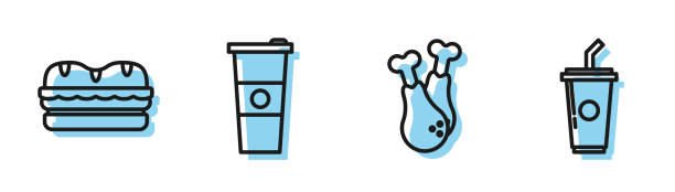 ilustrações de stock, clip art, desenhos animados e ícones de set line chicken leg, sandwich, paper glass and water and paper glass with drinking straw and water icon. vector - cold sandwich illustrations