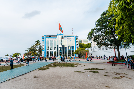 Male, Maldives, June 27. 2019: The police headquarters, Shaheedh Hussain Adam Building in the Maldives capital Male, North Male Atoll, Male Island, Male and Maidan Jumhoore Square