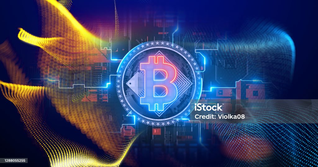 Cryptocurrency Bitcoin symbol crypto binary virtual data blockchain tech glowing background Cryptocurrency Bitcoin blockchain symbol digital encryption network on circuit board. Cryptocurrency Stock Photo