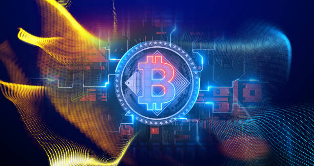 Cryptocurrency Bitcoin symbol crypto binary virtual data blockchain tech glowing background Cryptocurrency Bitcoin blockchain symbol digital encryption network on circuit board. cryptocurrency mining photos stock pictures, royalty-free photos & images