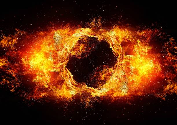 illustration 3d d’un anneau abstrait de feu qui illumine l’obscurité avec le concept de science - fireball orange flame burnt photos et images de collection