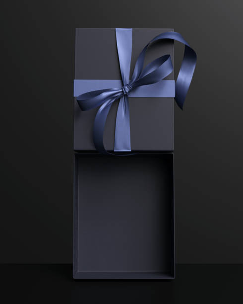 istock Festive Product background for men sale concept. Black open gift box podium. 3d rendering. 1288057828