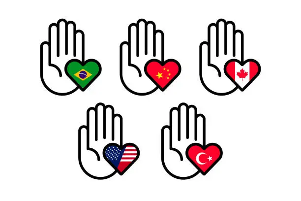 Vector illustration of Warning Sign stock illustration. Brazil, China, Canada, USA and Turkey flags. Hand and hearth shape vector template