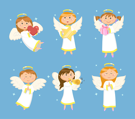 Christmas and Valentines day characters, angels or cupids with wings and halo vector. Heart and star, gift box and trumpet, hands folded in prayer