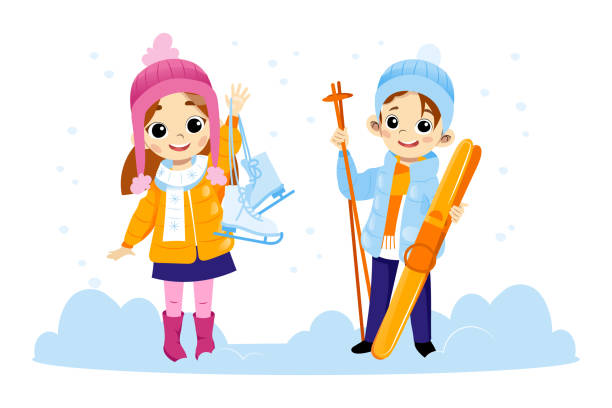два счастливых детских персонажа, стоящие в снегу, улыбаются и машут руками. красочная векторная иллюстрация в мультяшном плоском стиле. ма - recreational pursuit schoolboy cartoon skate stock illustrations
