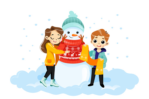 Wintertime Scene Vector Illustration In Cartoon Flat Style With Characters  Male And Female Children Hugging Smiling Snowman In Jumper And Hat  Colourful Merry Christmas Kids Placard With Gradients Stock Illustration -  Download
