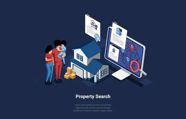 Vector illustration of Family Of Three Members On Property For Sale Search. Mother, Father And Son Standing Near House, Big Computer Monitor With Map And GPS On Screen. Vector Isometric Illustration In Cartoon 3D Style