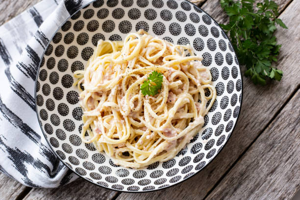 istock Pasta with ham and cream sauce from above 1288065948