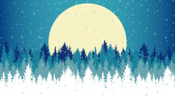 istock Night winter forest. Silhouette of spruce trees on background of big moon and snowfall. Vector illustration. 1288066325