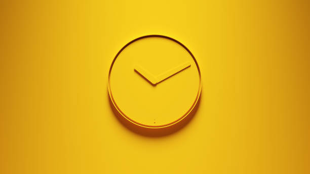 Yellow Modern Office Wall Clock Yellow Modern Office Wall Clock 3d illustration render Isolated On Yellow stock pictures, royalty-free photos & images