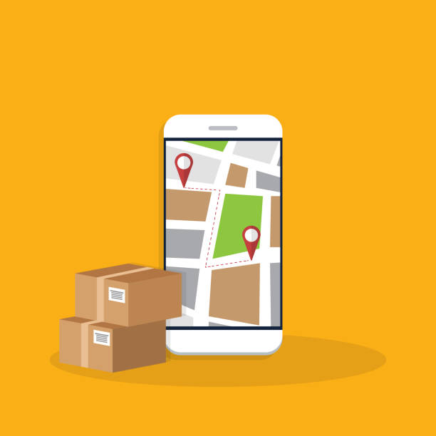 istock Delivery. Parcel delivery tracking on mobile phone. Smartphone with city map on screen and pin pointers, destination location with packaging boxes. 1288073259