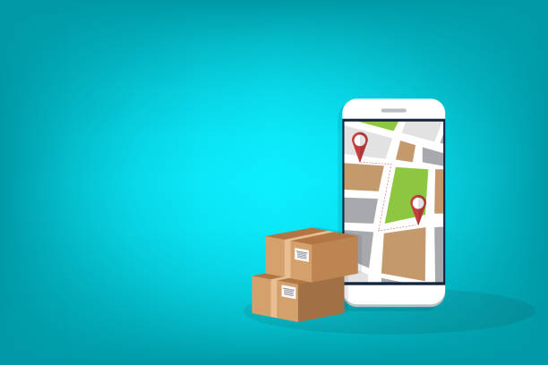 istock Delivery. Parcel delivery tracking on mobile phone. Smartphone with city map on screen and pin pointers, destination location with packaging boxes. 1288073403
