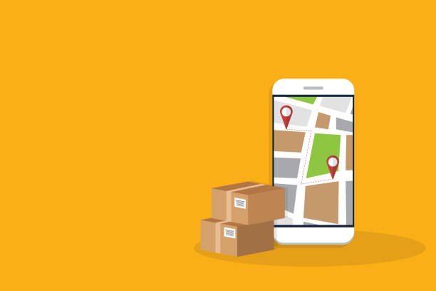 istock Delivery. Parcel delivery tracking on mobile phone. Smartphone with city map on screen and pin pointers, destination location with packaging boxes. 1288073536