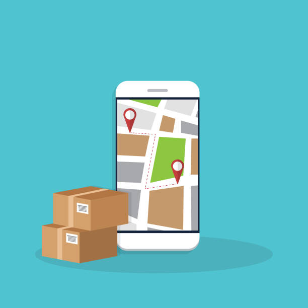 istock Delivery. Parcel delivery tracking on mobile phone. Smartphone with city map on screen and pin pointers, destination location with packaging boxes. 1288073562