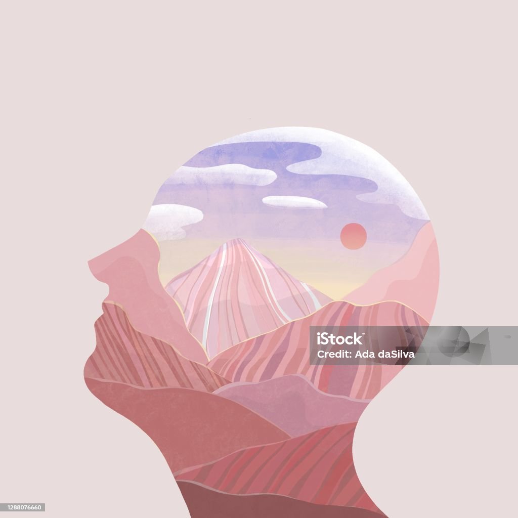 abstract concept of human with pink color mountain mountain, human, people, dream, sky, pink, purple, imagination, abstract, mystic, desert Relaxation stock illustration