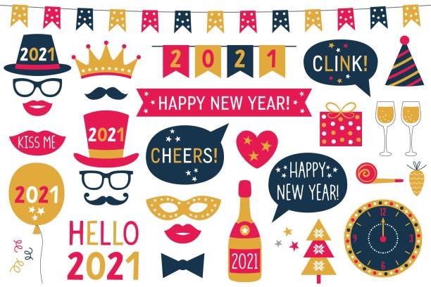 ilustraciones, imágenes clip art, dibujos animados e iconos de stock de año nuevo 2021 apoyos de cabina de fotos vectoriales (sombreros, anteojos, labios, bigotes) - fiesta fotos