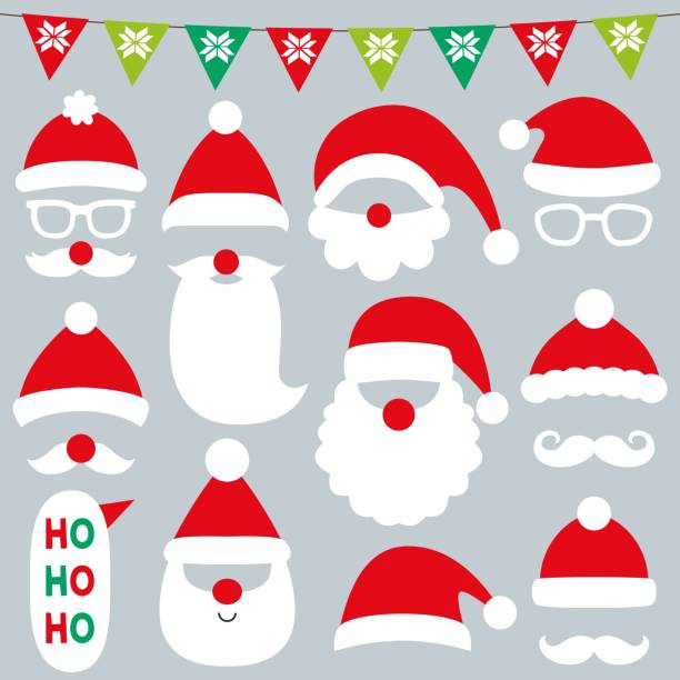 bożonarodzeniowa fotobudka i zestaw wektorów do scrapbookingu (kapelusze świętego mikołaja, brody i wąsy) - santa claus christmas glasses mustache stock illustrations