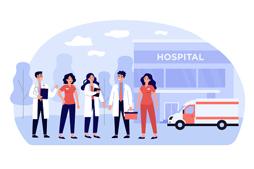 Affable medical team staff standing in clinic yard isolated flat vector illustration. Cartoon group of doctors and pharmacists near hospital building. Medicine and health concept