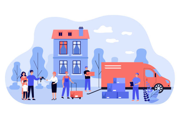 Happy family moving into new house flat vector illustration Happy family moving into new house flat vector illustration. Cartoon men unloading things and furniture in boxes from truck. Relocation and resettlement concept new home stock illustrations