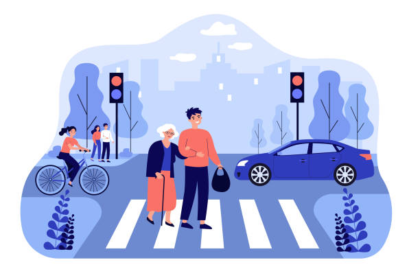 Happy man helping old woman crossing city street Happy man helping old woman crossing city street isolated flat vector illustration. Cartoon characters walking on road crosswalk. Urban lifestyle and traffic concept assistance illustrations stock illustrations