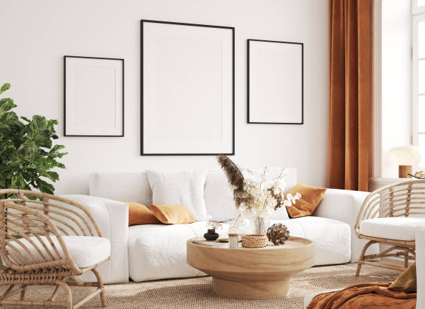 istock Mock up frame in cozy home interior background, coastal style living room 1288088297