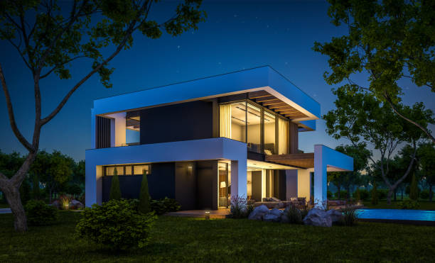 istock 3d rendering of modern house in luxurious style in night 1288089479