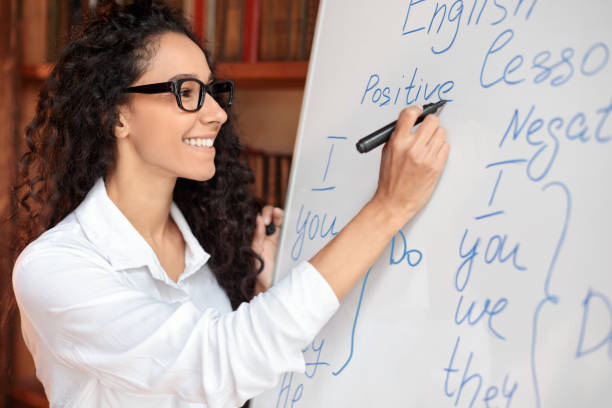istock English teacher standing at whiteboard, writing rules on the board 1288090016