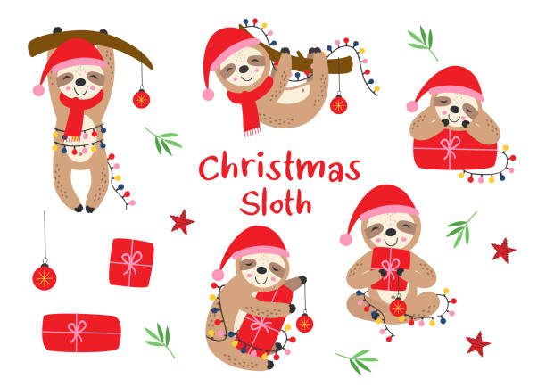 set of isolated Christmas  sloths with gifts vector art illustration