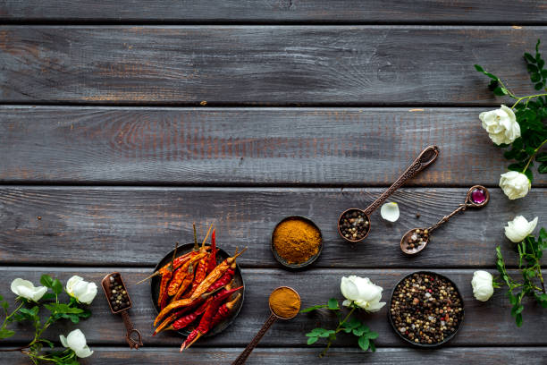 istock Layout of mixed hot spices and herbs, top view 1288092504