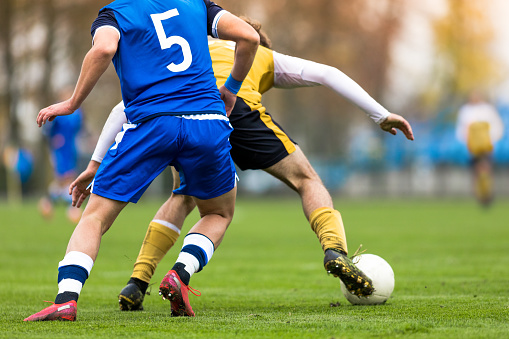 Football kept on grassy football pitch.