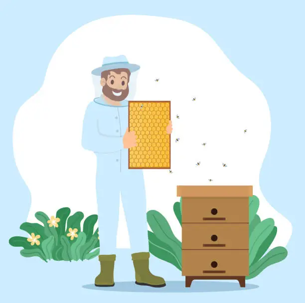 Vector illustration of Beekeeper Collect Honey, Unload Honeycomb in Frame