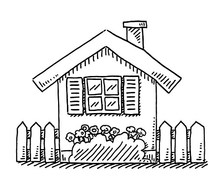 Hand-drawn vector drawing of a Cozy Cartoon Home Symbol. Black-and-White sketch on a transparent background (.eps-file). Included files are EPS (v10) and Hi-Res JPG.